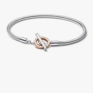 Pandora Moments Two-tone Logo T-Bar Snake Chain Bracelet, 14k rose gold plating